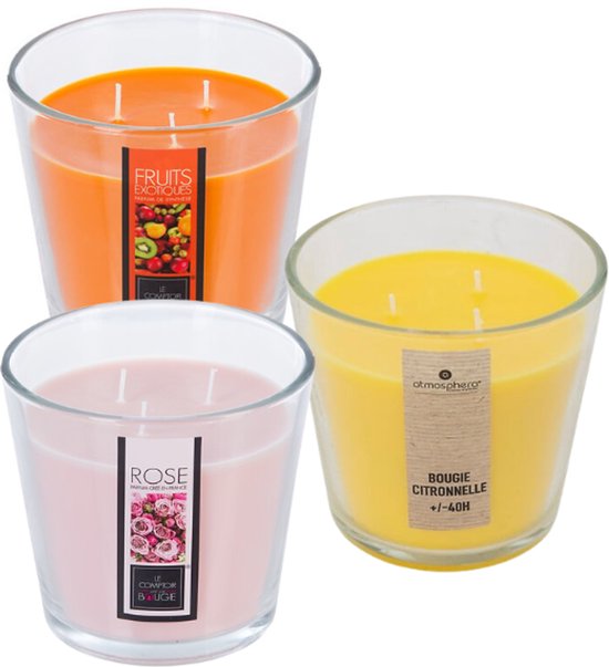Ensemble de bougies parfumées Nina - Bougie parfumée - Bou gie parfumée - Grande bougie parfumée en pot en verre - Fruits exotiques - Rose - Citronnelle - Bougie parfumée - 500 g - 13,5 x 12,5 cm - Transparent