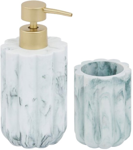 Zeeppomp en tandenborstelhouder set – wit marmer, polyresin, 230 ml