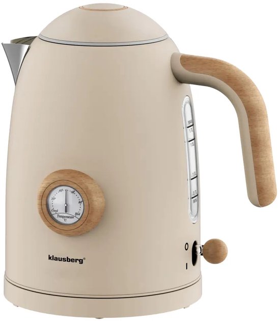 Klausberg retro waterkoker met thermometer – 1,7 l, RVS, beige met houtkleur