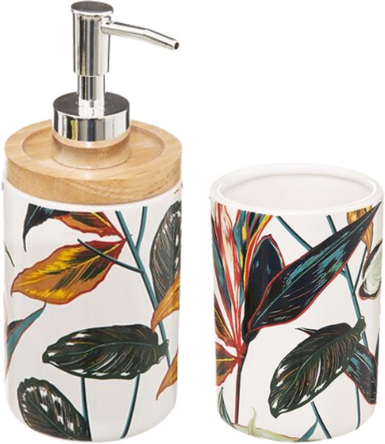 Palawan badkamer accessoires set – zeepdispenser en tandenborstelbeker