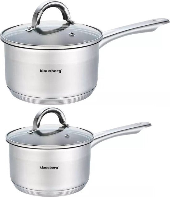 2 x steelpan / sauspan - steelpan met glazen deksel - Ø16 en Ø18 cm - RVS -