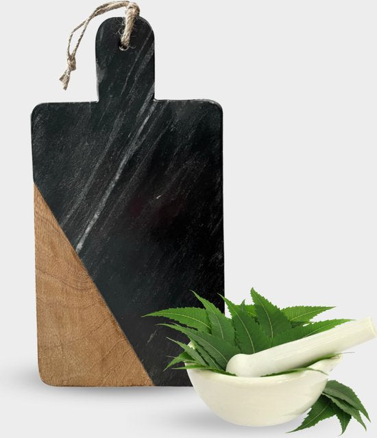 Secret de Gourmet snij- en serveerplank zwart marmer en mangohout, 30 x 15 cm