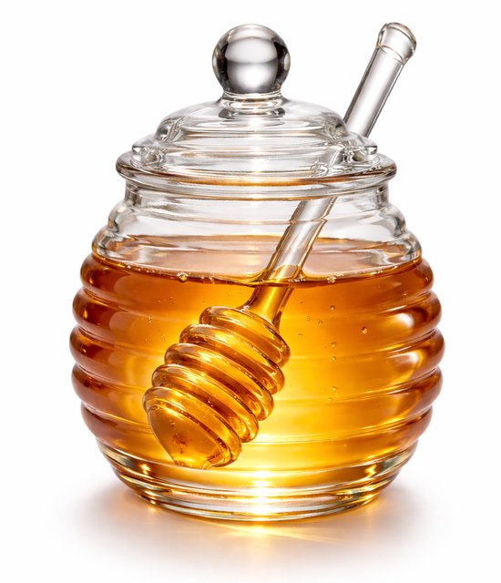Glazen honingpot met deksel en honinglepel – borosilicaatglas, transparant