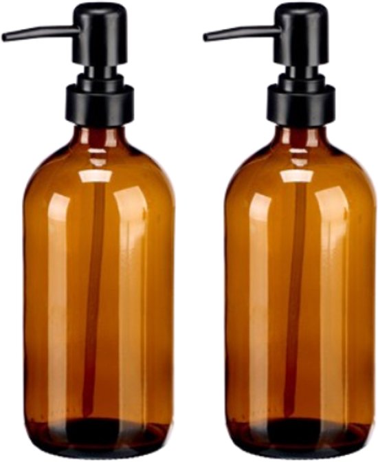 Dispenser fles met pompje – set van 2, bruin glas met kristalpatroon, 500 ml