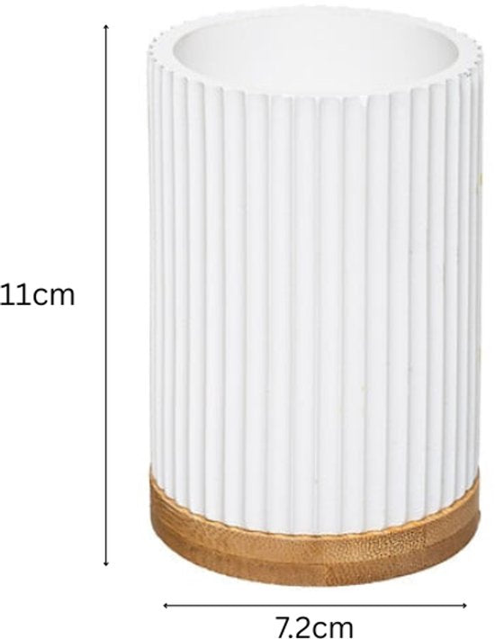 Badkamer accessoires set wit – zeepdispenser en tandenborstelhouder met bamboe – foto 4