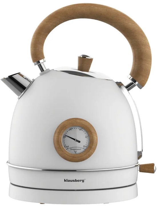 Klausberg 9007 retro waterkoker wit met hout – 1,8 liter, met thermometer