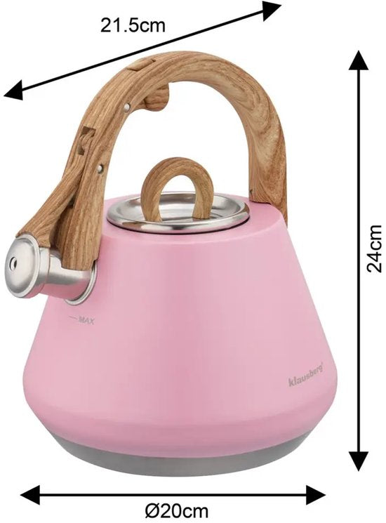 Klausberg - KB-9064 - Fluitketel - RVS Waterketel - Matte Afwerking - Met Fluit - Afneembaar Deksel - Inductie - Gas - Elektrisch - Keramisch - Waterkoker voor Thee en Koffie - 20 cm - 2.5L - Pastelroze