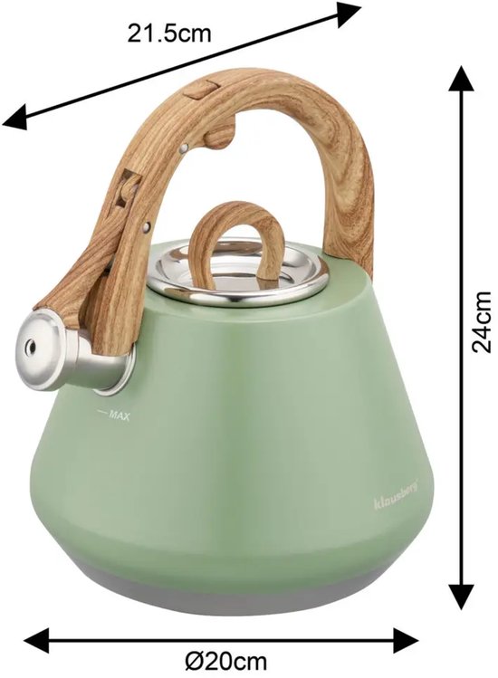 Klausberg - KB-9062 - Fluitketel - RVS Waterketel - Met Fluit - Matte Afwerking - Afneembaar Deksel - Houten Look Handgreep - Inductie - Gas - Elektrisch - Keramisch - Theeketel - Koffie - Brede Voet - 2.5L - Pastelgroen