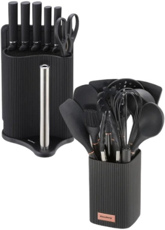 Klausberg - Kitchen Set - Kitchen Accessories Set - 8-Piece - Knife Set with Holder & 12-Piece - Silicone Kitchen Utensil Set - Black