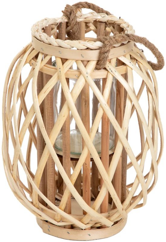 HOMLA - Lagge Lantaarn Gevlochten - Decoratieve Windlicht Lantaarn - Natuurlijke Sfeerverlichting - Boho & Scandinavisch Interieur - Houten Kaarsenhouder - 30 cm - Naturel