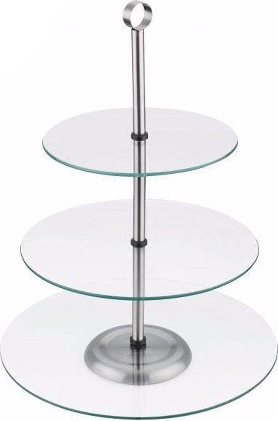 Kinghoff glazen taartplateau met 3 etages en grijpring – Ø 20, 25 en 30 cm