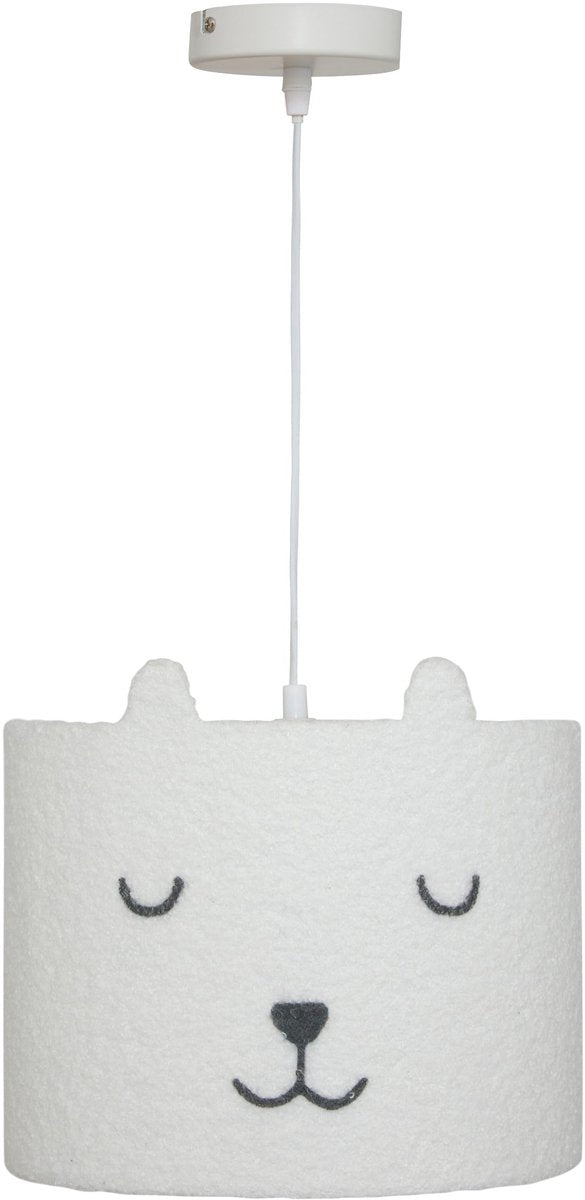 Atmosphera Kids hanglamp Toxey – wit bouclé met kattengezichtje, Ø 28 cm