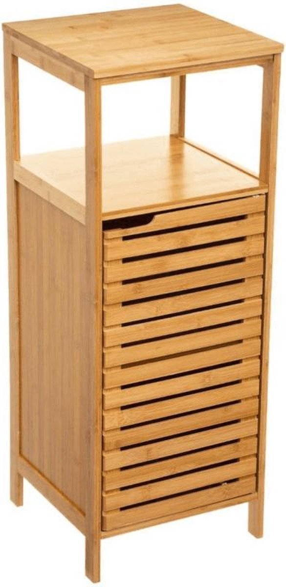 Étagère de salle de bain en bambou sur pied - Meuble bas - Étagère de rangement - 78,5 cm de hauteur et 30 cm de largeur - 1 porte - 4 niveaux
