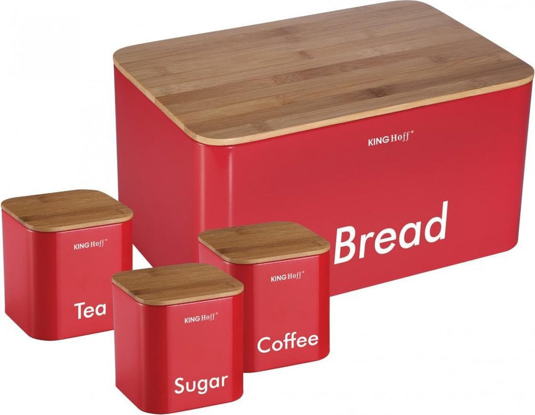 Bread bin set - Red - Stainless steel with wood - 35 x 23 x 18.5 cm