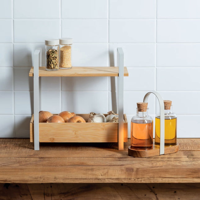 5Five Ordera Opbergbal met plank bamboe - 2 niveau's - 30 x 14 x 30 cm - Wit / Beige