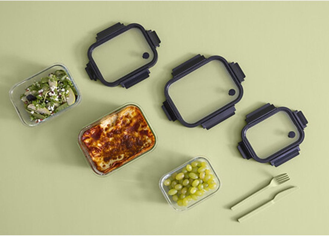5Five Vershoudbakje met deksel - 2x - glas - luchtdicht - met clips - 19 x 14 x 7 cm - 500 ml - zwart / transparant