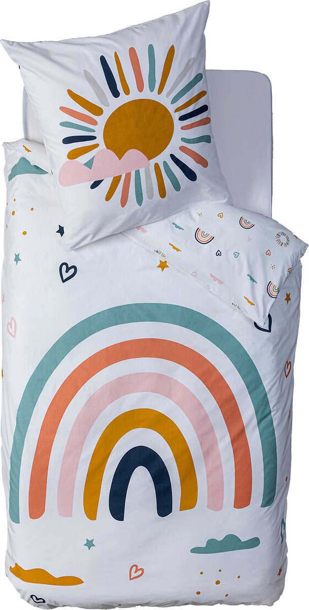 Kinderdekbedovertrek 140 x 200 cm regenboog – 1-persoons, katoen, roze/wit