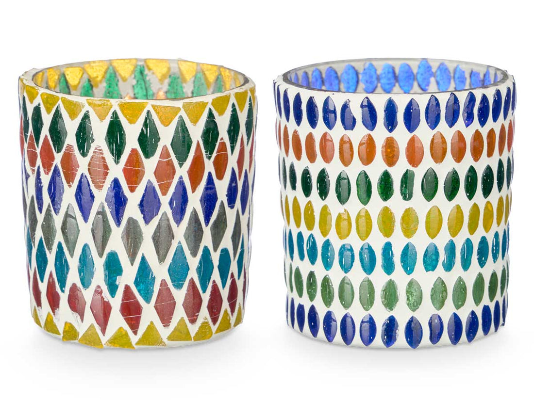 Set van 2 windlichten van glas – ruit- en bladmotief, 8 x 8 x 9,5 cm