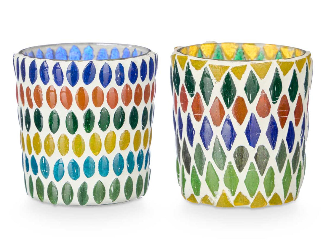 Set of 2 Lanterns - Colorful Diamond Patterns (7 x 7 x 7.25 cm)