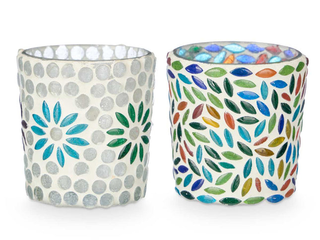Set van 2 windlichten van glas met bloemen- en bladmotief – 7 x 7 x 7,25 cm
