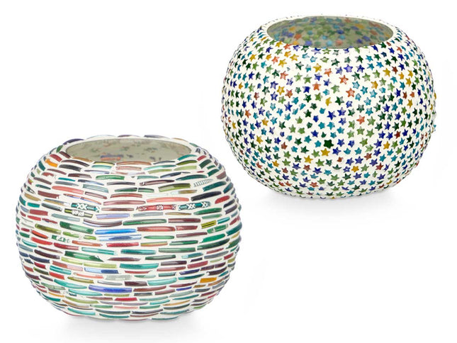 Set van 2 Ovale Windlichten - Strepen- en Sterrenmotief (12, 5 x 12, 5 x 8 cm)