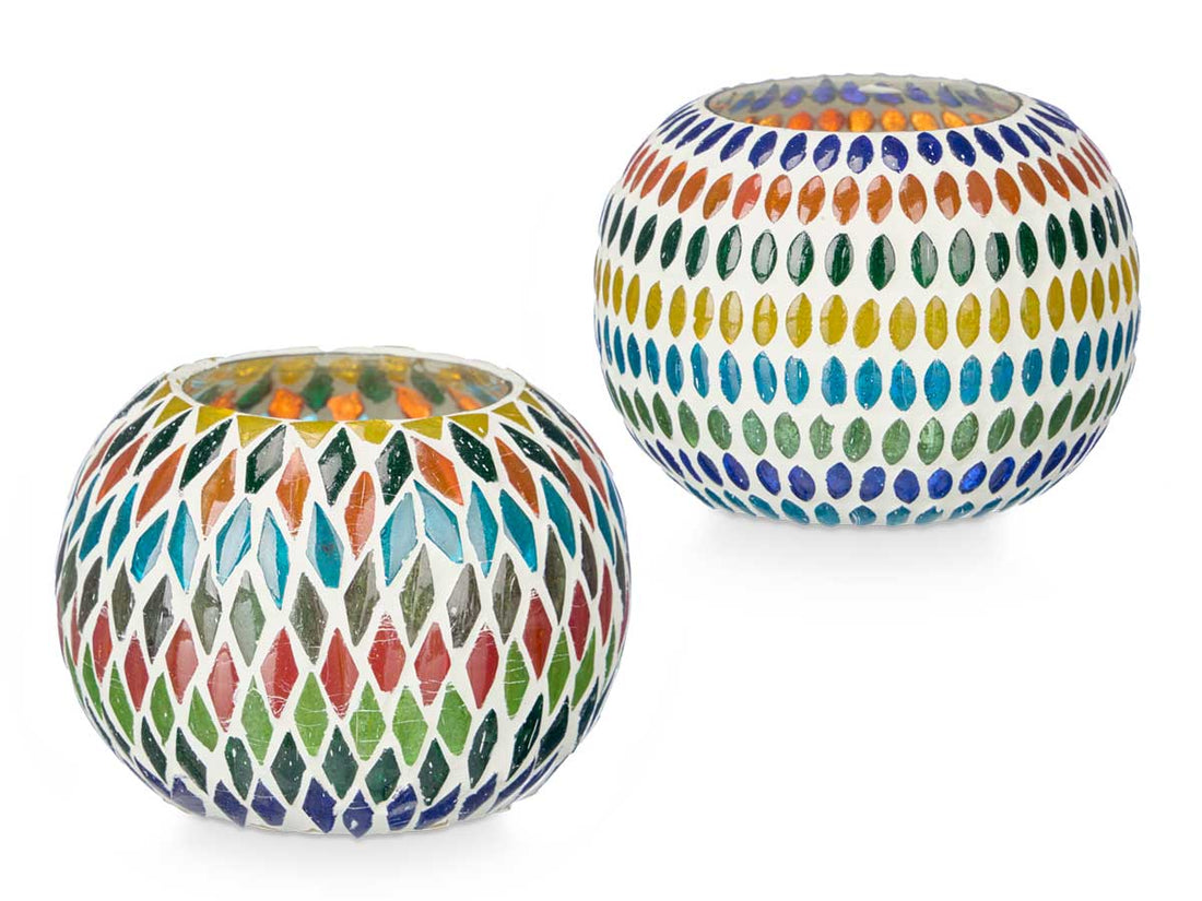 Set of 2 Oval Lanterns - Colorful Diamond Patterns (12.5 x 12.5 x 8 cm)