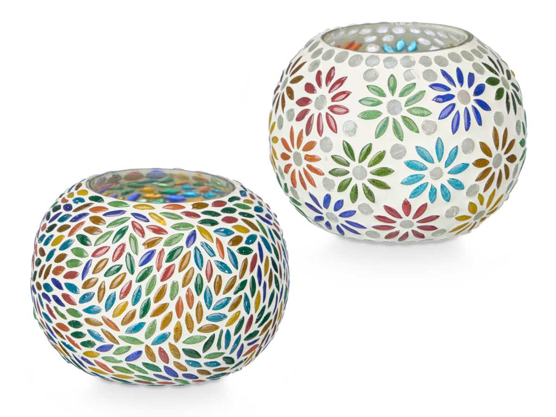 Set van 2 Ovale Windlichten - Bloemen- en Bladmotieven (12,5 x 12,5 x 8 cm)