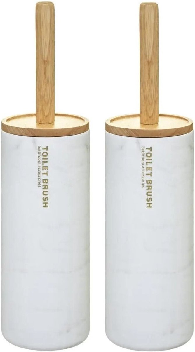 2x stuks 5five wc- / toiletborstel met houder - wit met marmer effect - kunststof / bamboe - 38 cm