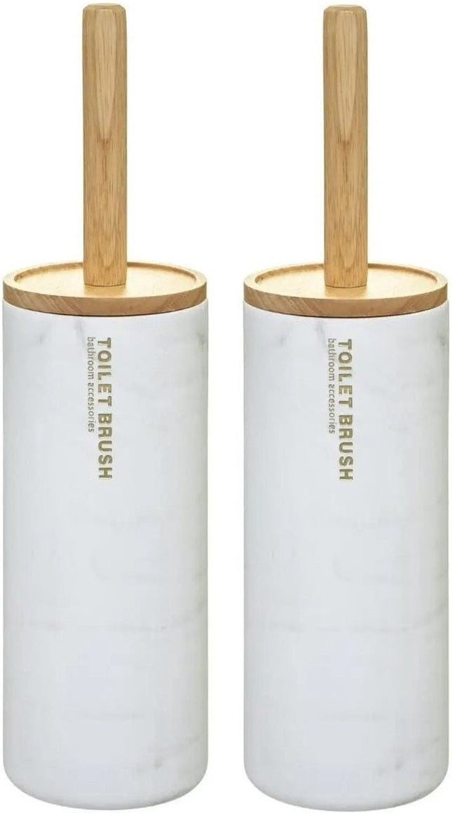 2x stuks 5five wc- / toiletborstel met houder - wit met marmer effect - kunststof / bamboe - 38 cm