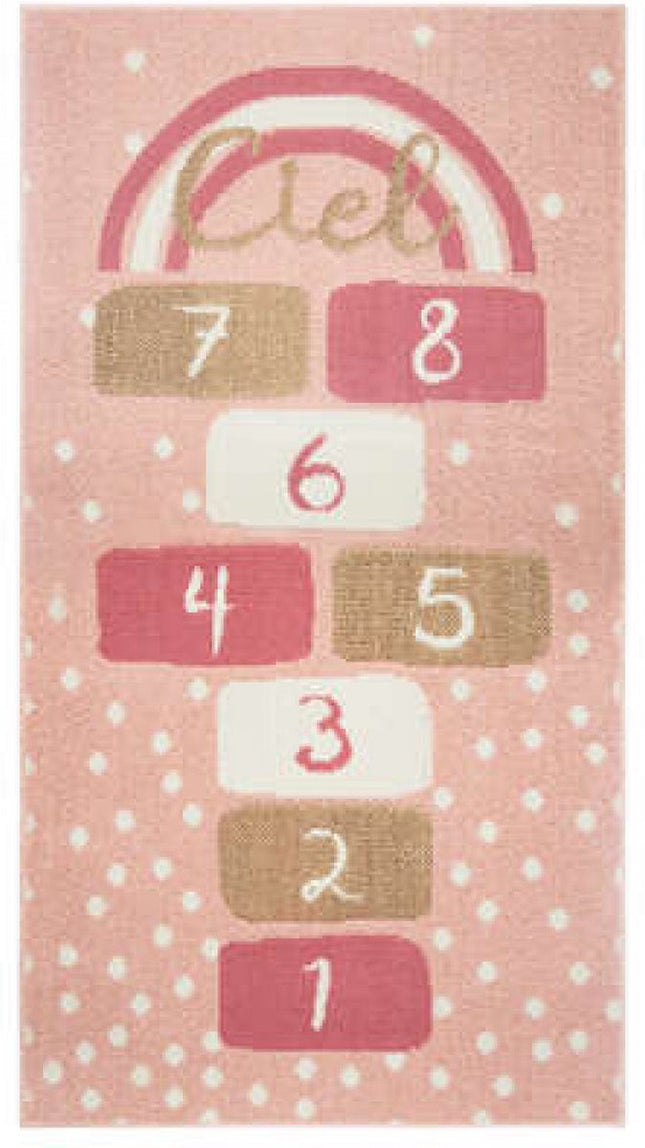 Kinderkamertapijt roze met hinkelspel en regenboog – vloerkleed 80 x 150 cm