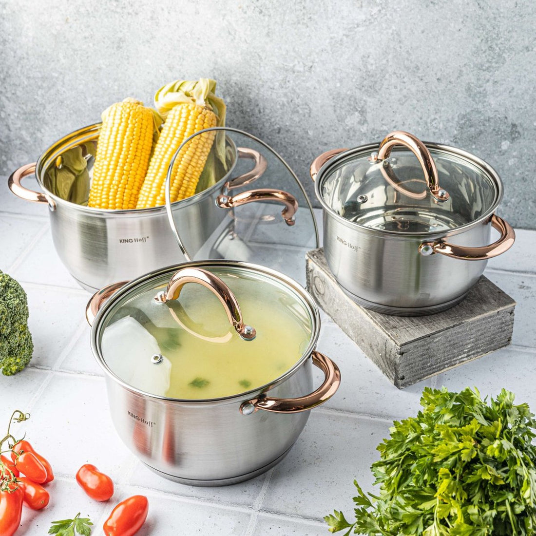 Kinghoff 6-delige pannenset rvs – kookpannen 18, 20 en 24 cm met deksel – foto 4