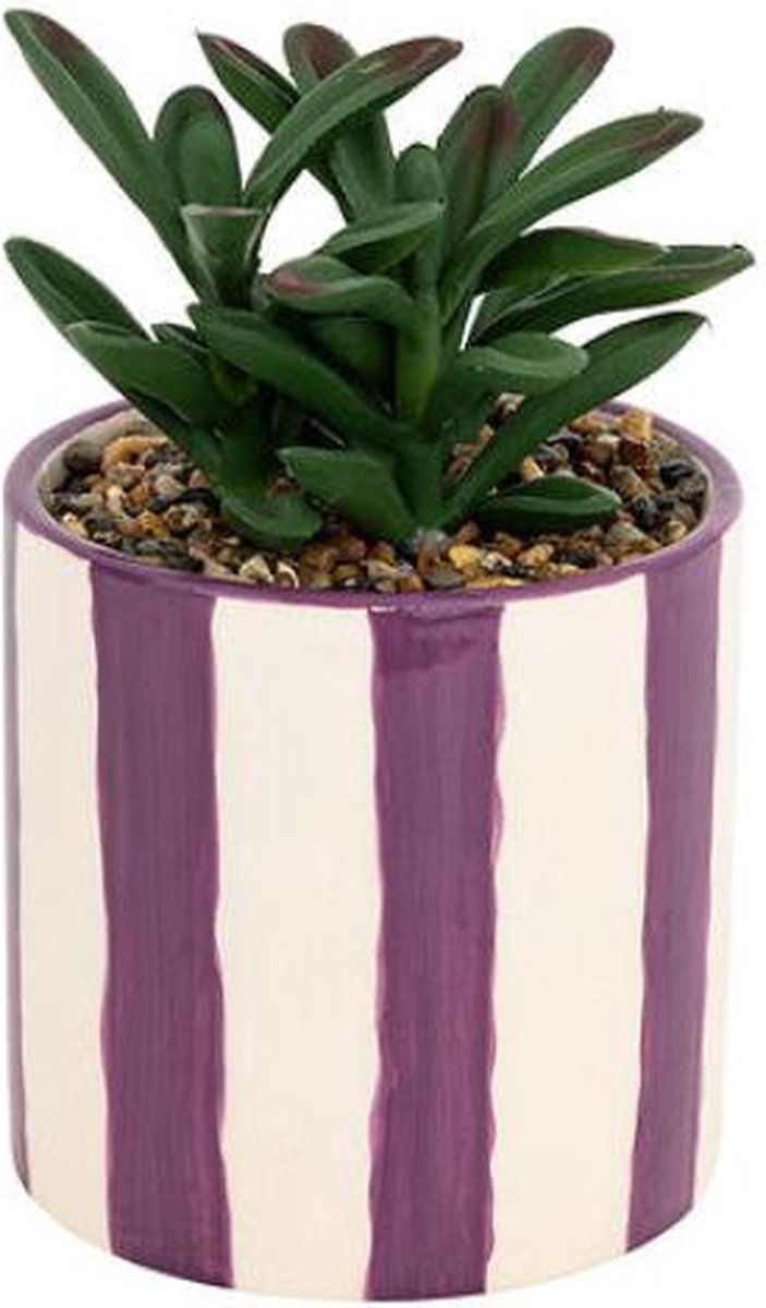 Atmosphera kunstplant in gestreepte keramische pot – violet, Ø 10 x 17 cm