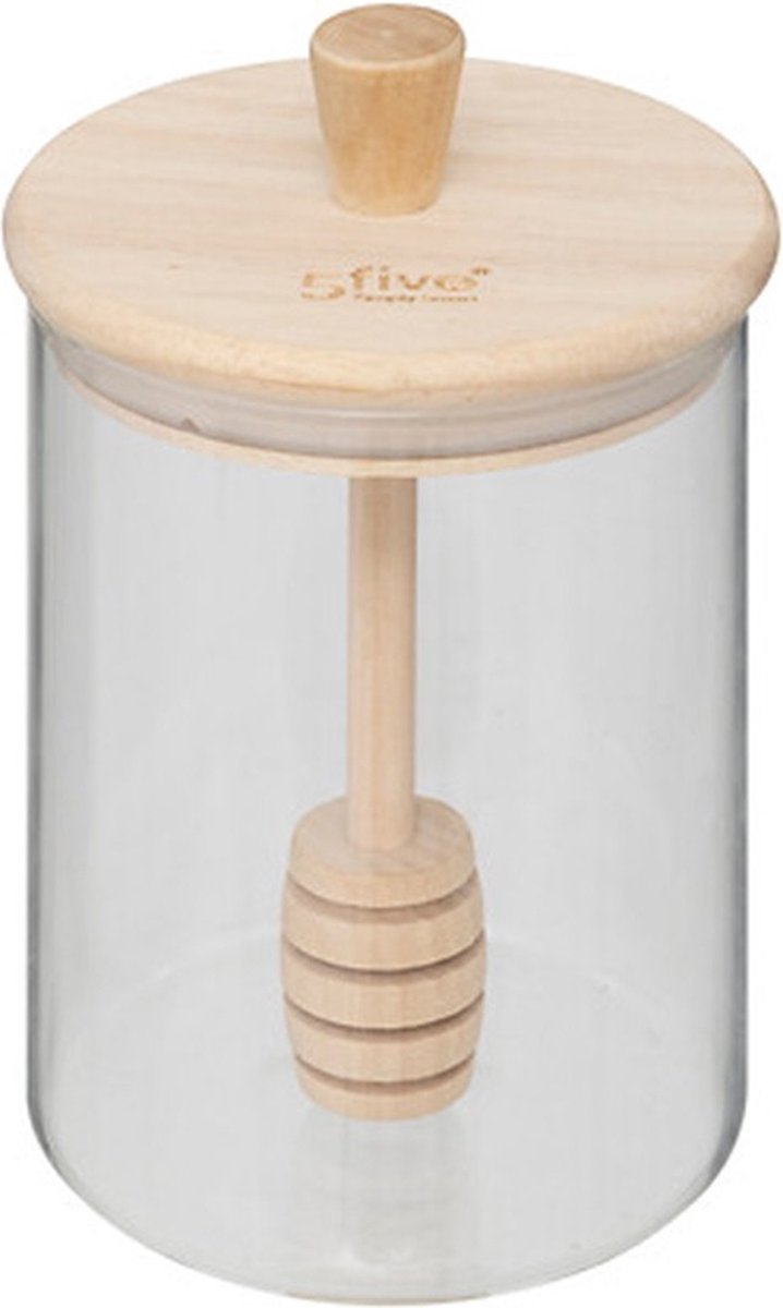 5Five glazen honingpot met honinglepel – glas en bamboe, 400 ml