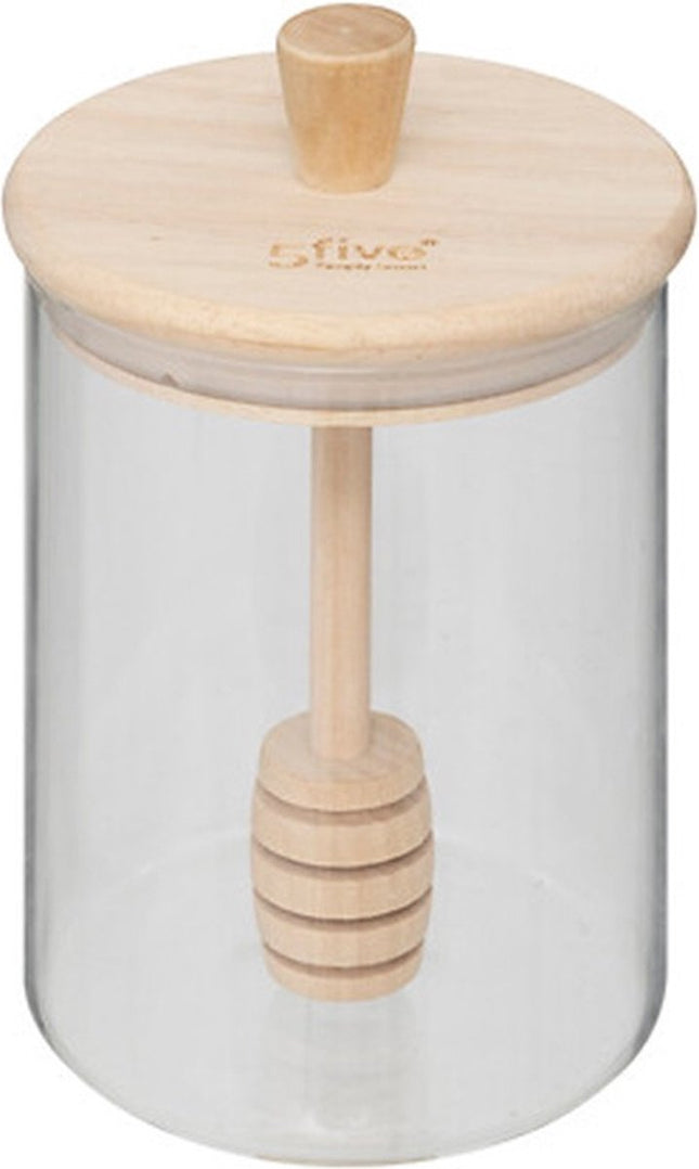 5Five glazen honingpot met honinglepel – glas en bamboe, 400 ml
