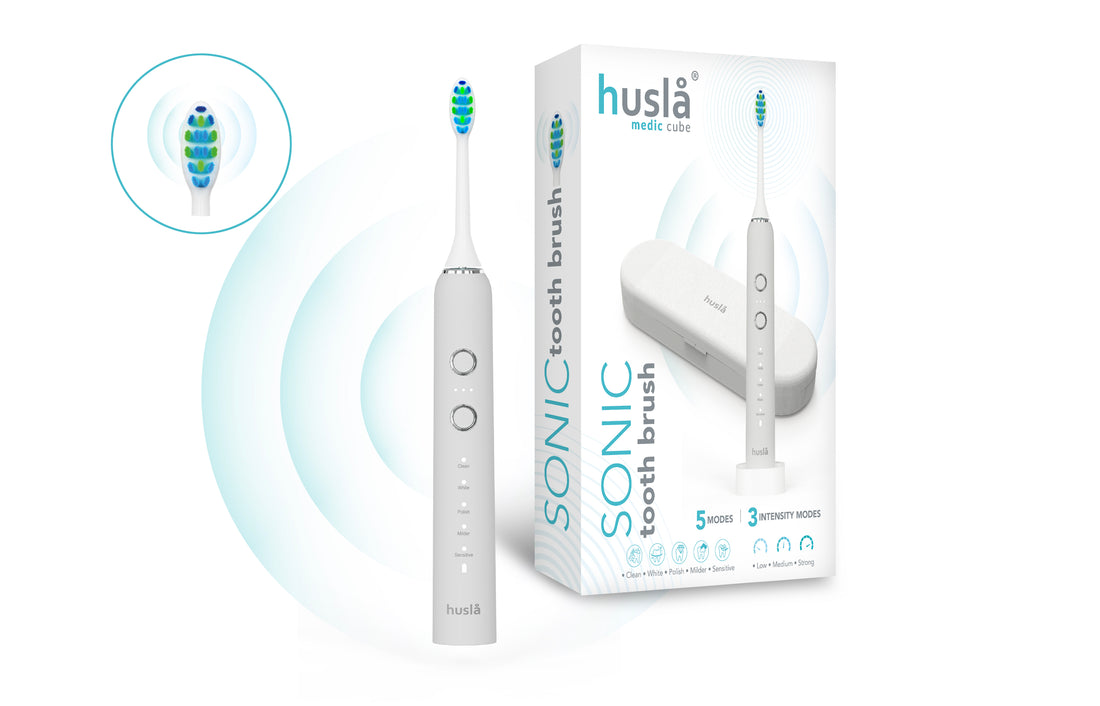 Brosse à dents sonique Husla Medic Cube – 5 modes de brossage – 3 intensités – Inclut 3 têtes de brosse, étui de voyage & chargeur