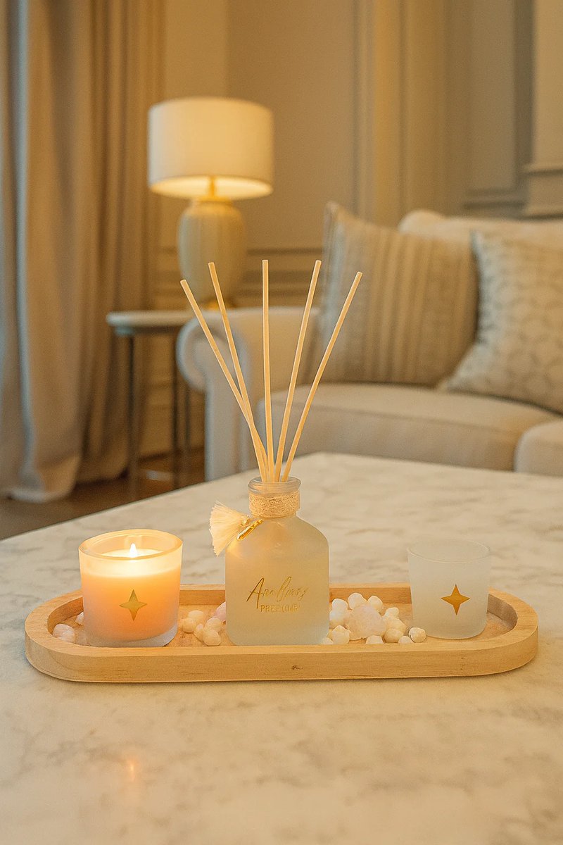 Wild Romance geurset wit – geurkaars, diffuser, kaarsenhouder en houten schaal