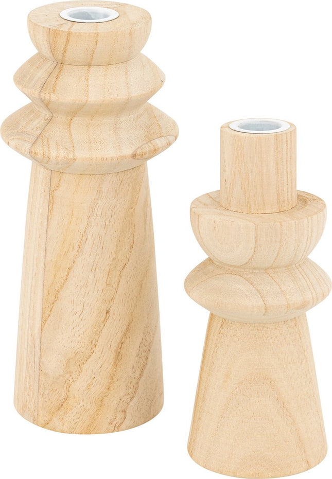 Atmosphera houten kandelaars voor stokkaarsen – set van 2, beige, 24 cm