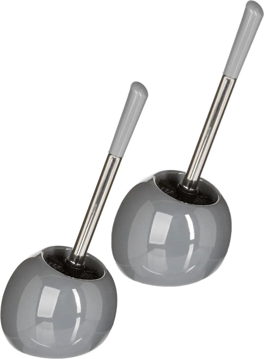 2 x 5five wc- / toiletborstel met houder rond - grijs glans - keramiek - 36 cm