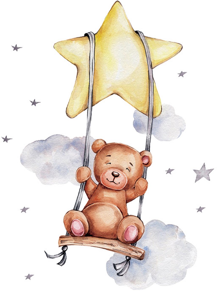 Sipo wandsticker beer op schommel – kinderkamer en babykamer, 74 x 54 cm