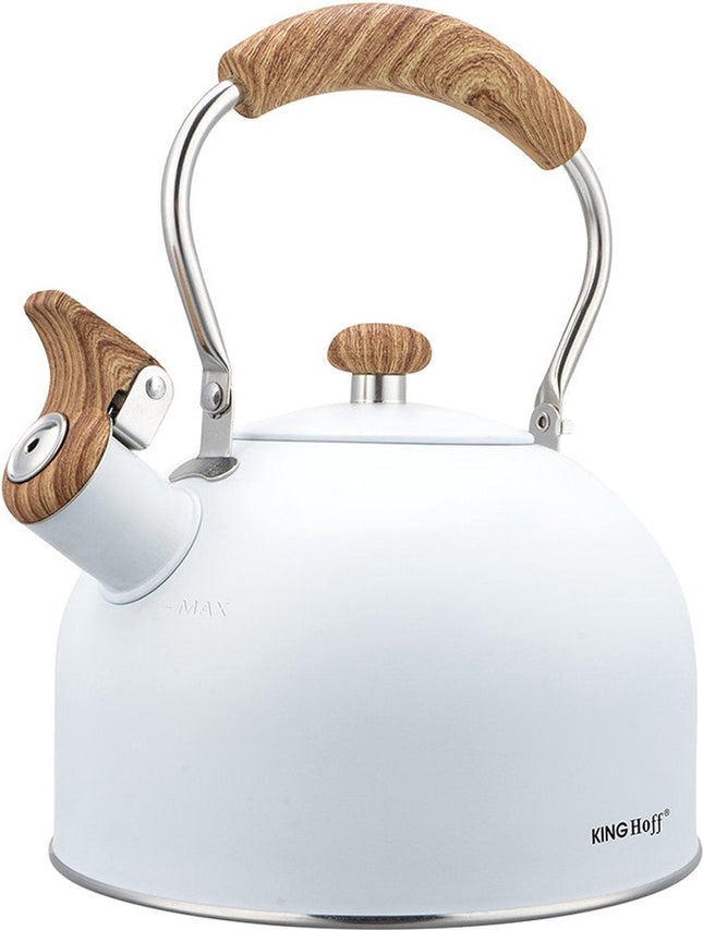 Kinghoff 1860 fluitketel wit met houten handgreep – RVS, 2,5 liter