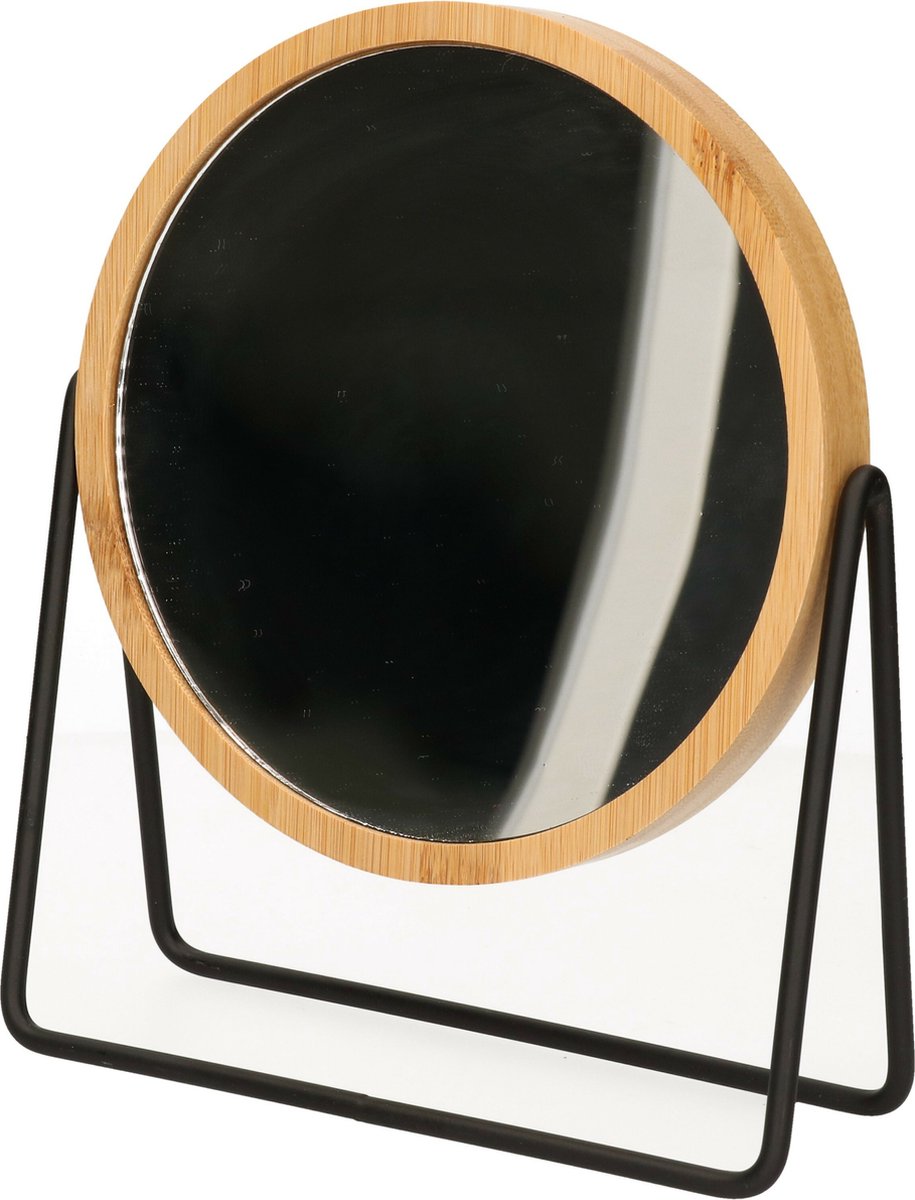 5Five make-up spiegel - 3x zoom - bamboe / hout - 17 x 20 cm - lichtbruin / zwart - dubbelzijdig