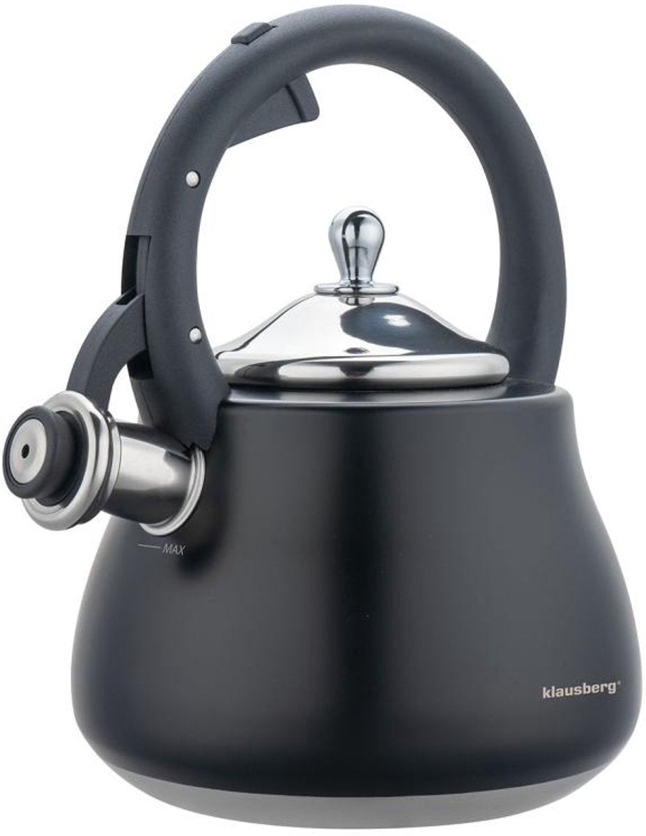 Klausberg Waterkoker 2,8 L RVS - Fluitekettle voor Alle Hittebronnen (Inductie, Gas) - Zwart - Fluitketel - Waterkoker - Waterketel