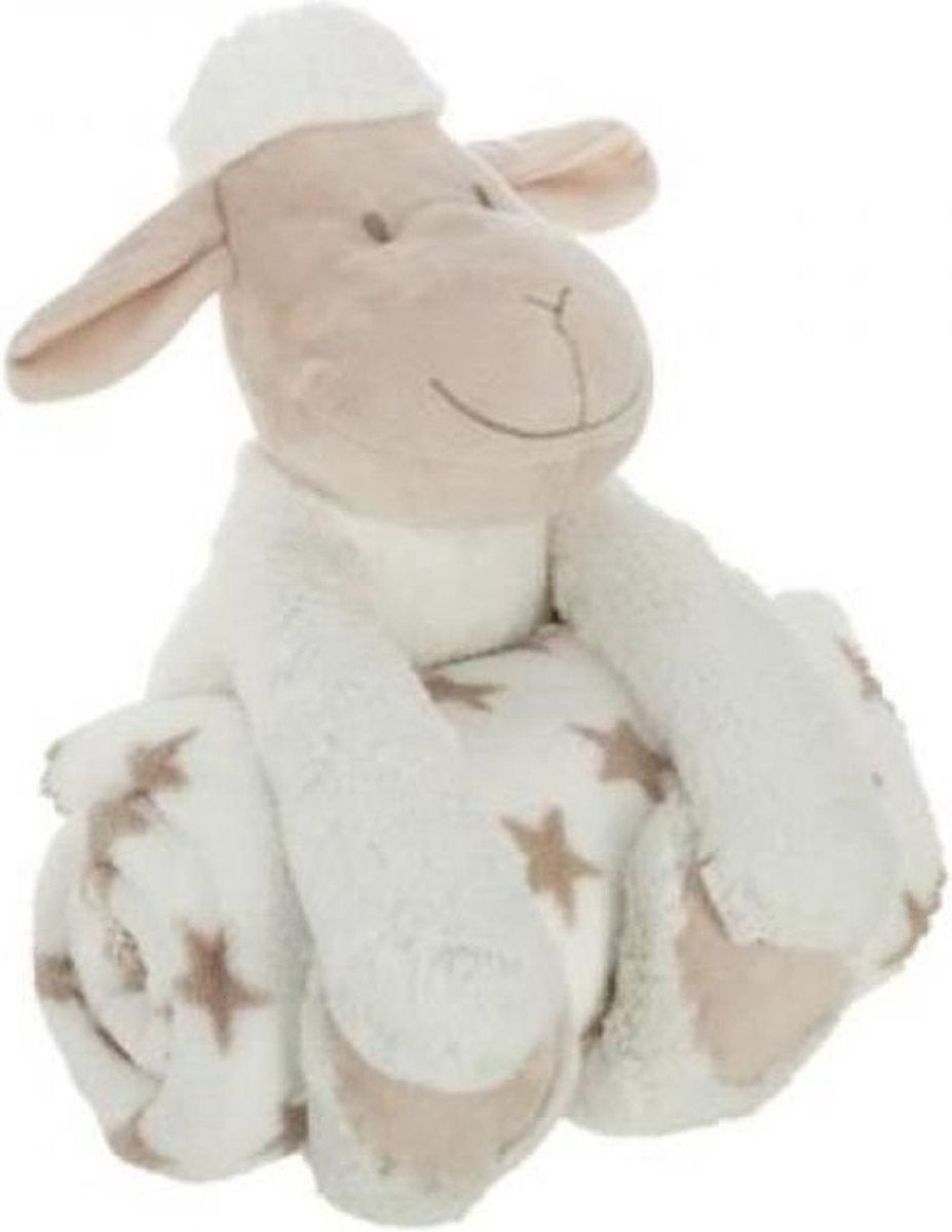 Deken met knuffel schaap – witte plaid 75 x 100 cm met schaapknuffel