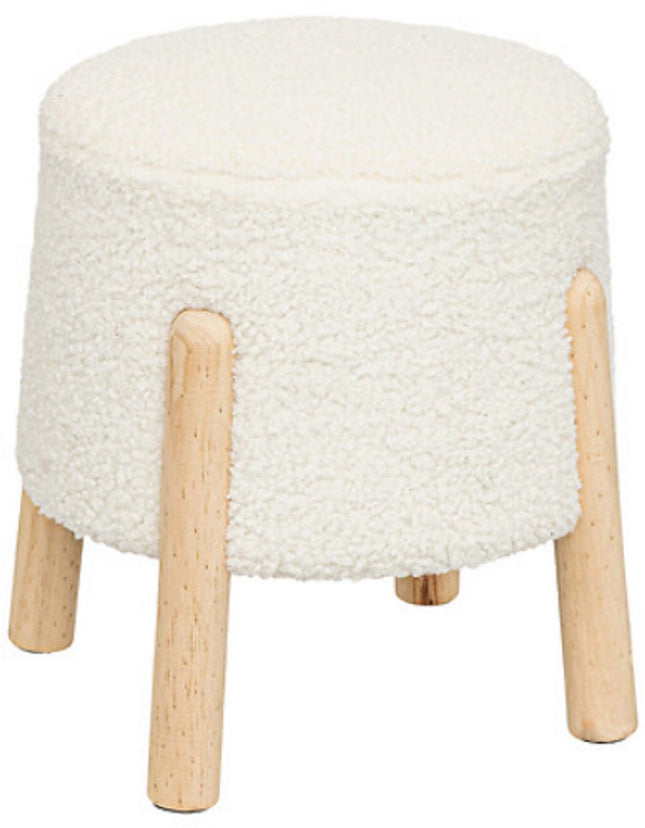 Atmosphera Inuit bouclé poef wit met houten poten – krukje of bijzettafel