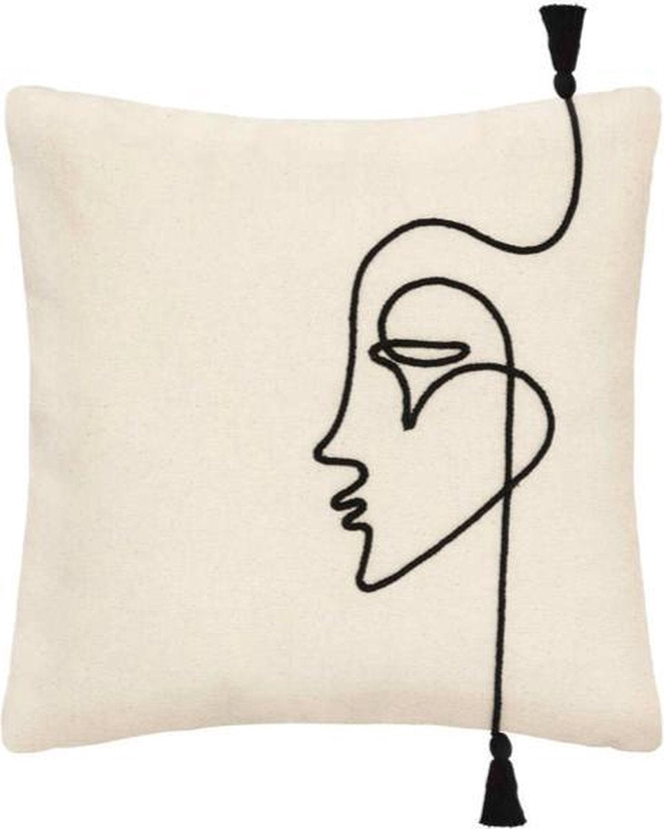 Sierkussen hoes 40 x 40 cm in wit en zwart – katoen met geborduurd gezicht
