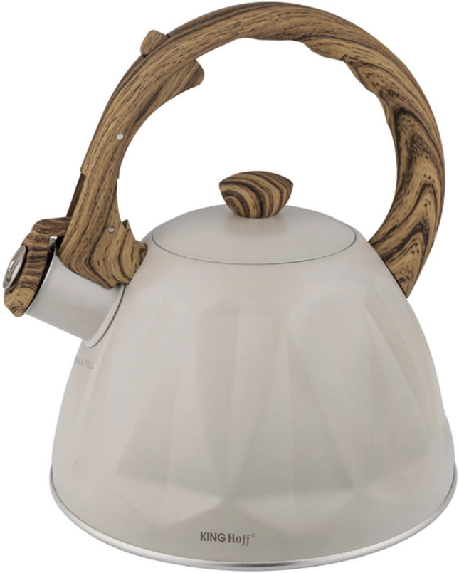 Kinghoff fluitketel 2 liter KH-1998 – RVS, inductie, crème met houtlook greep
