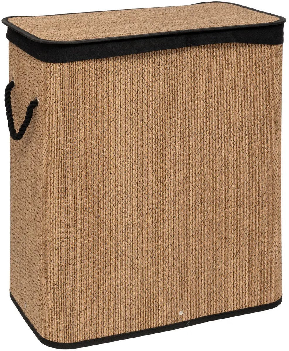 5Five Panier à Linge Double avec couvercle - Bois de bambou - 100 Litres - Naturel/Noir - 52 x 32 x 63 cm - Panier de tri
