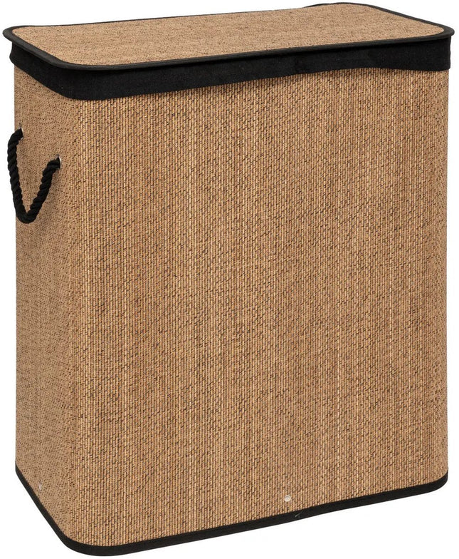 5Five Dubbele Wasmand met deksel - bamboe hout - 100 Liter- naturel zwart - 52 x 32 x 63 cm - sorteren mand