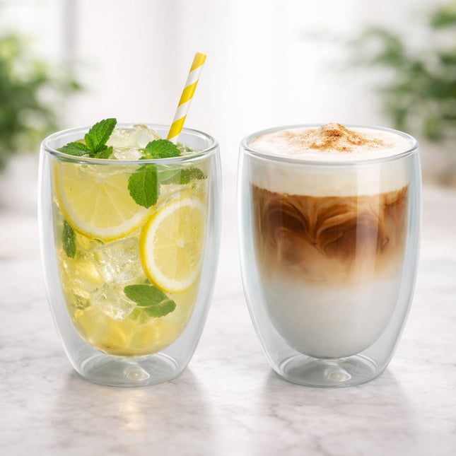 Dubbelwandige glazen mokken grijs – set van 2, 350 ml, zonder oor