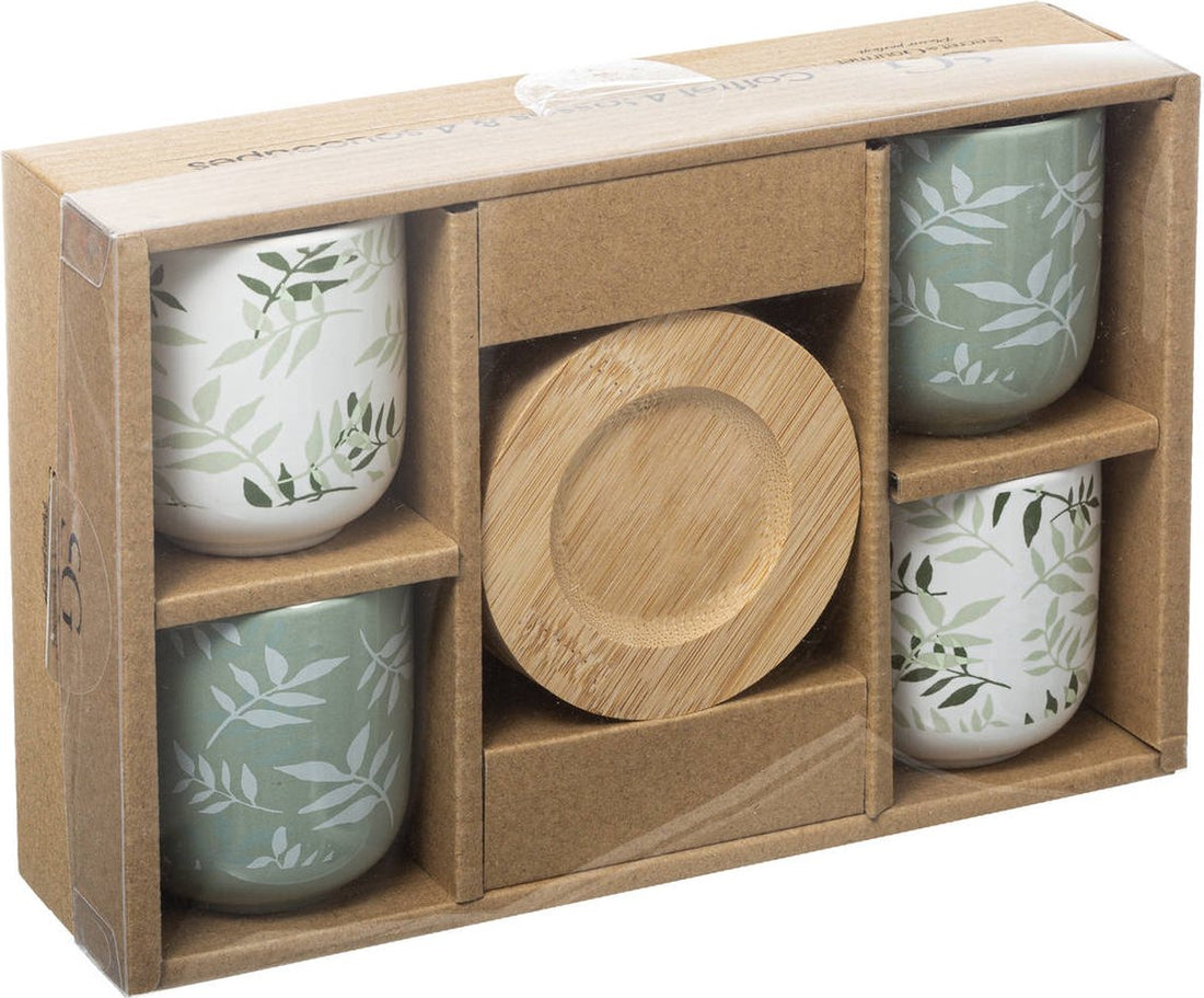 Secret de Gourmet keramische mokjes met bamboepads – 4 x 130 ml, wit-groen